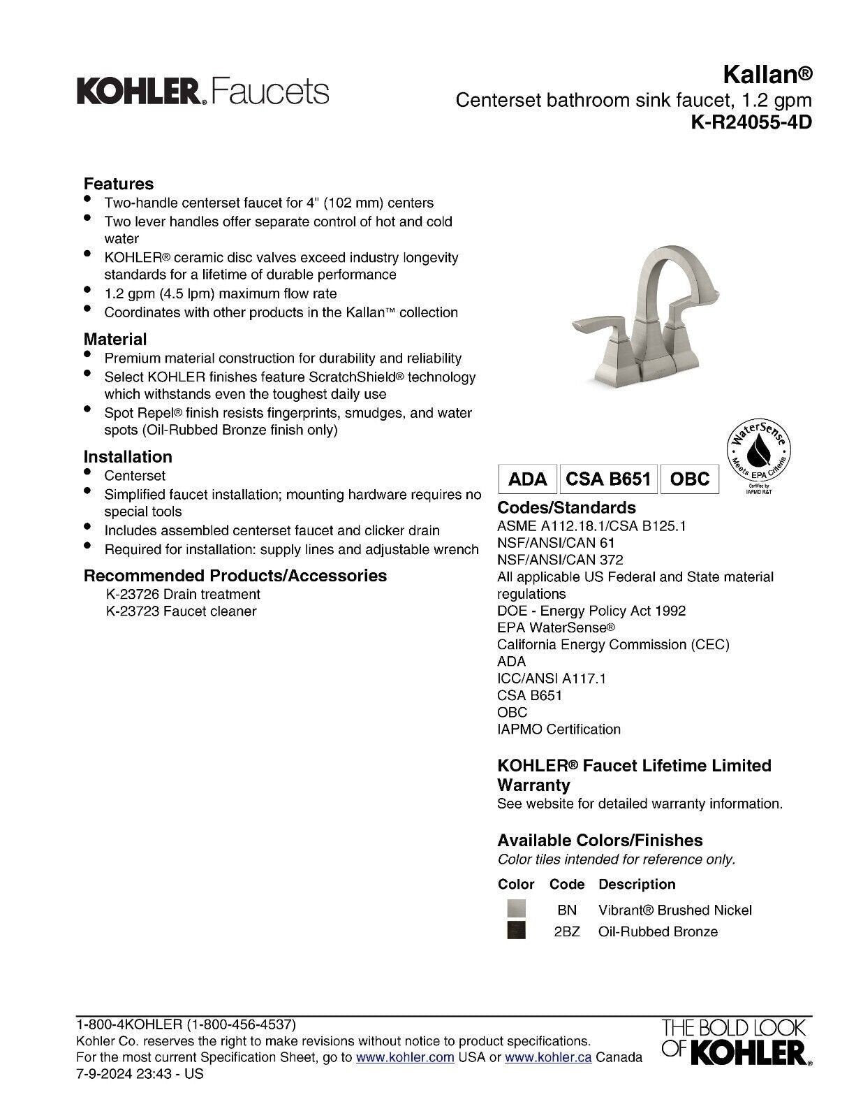 Kohler Kallen Bathroom Faucet 2-Handle Oil Rubbed Bronze K-R24055-4D-2BZ ✅