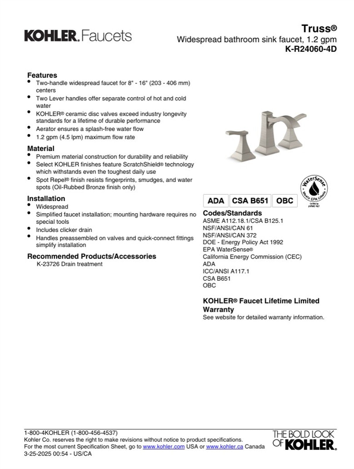 Truss Widespread bathroom sink faucet, 1.2 gpm K-R24060-4D-BN