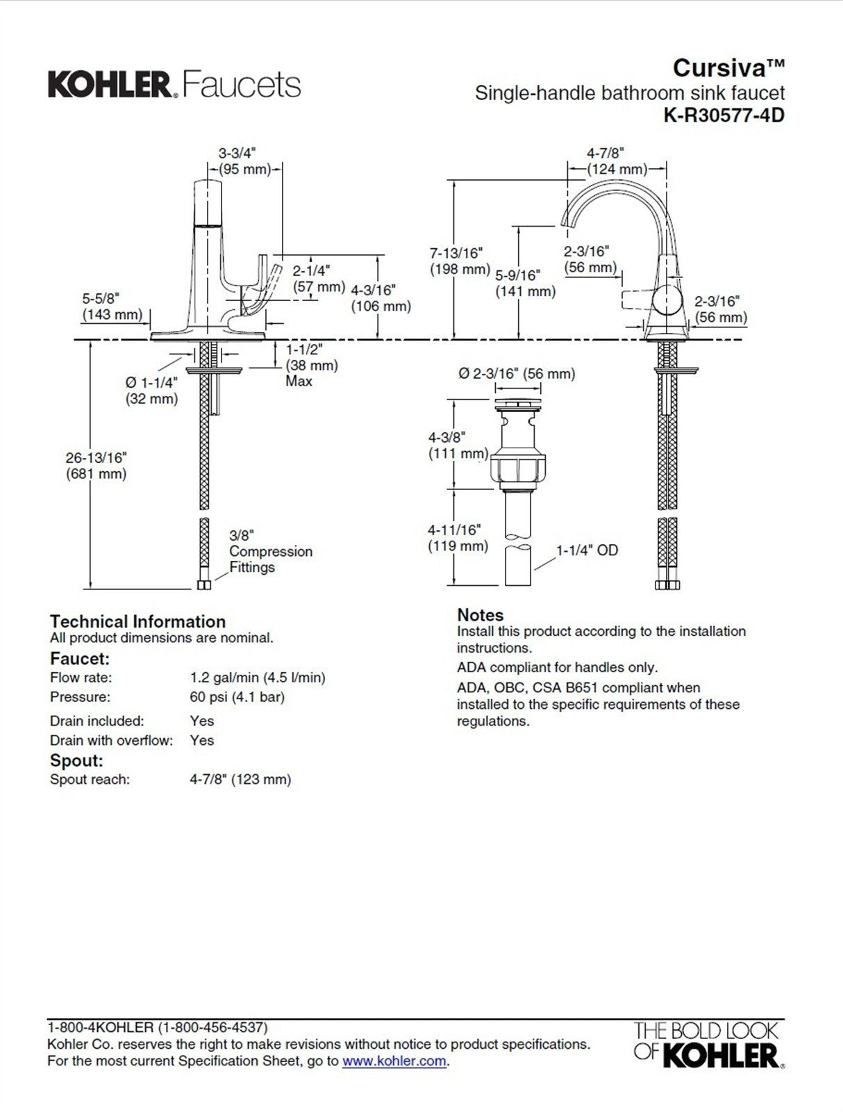Kohler Cursiva 1 Hole Bathroom Faucet Brushed Nickel K-R30577-4D-BN ✅