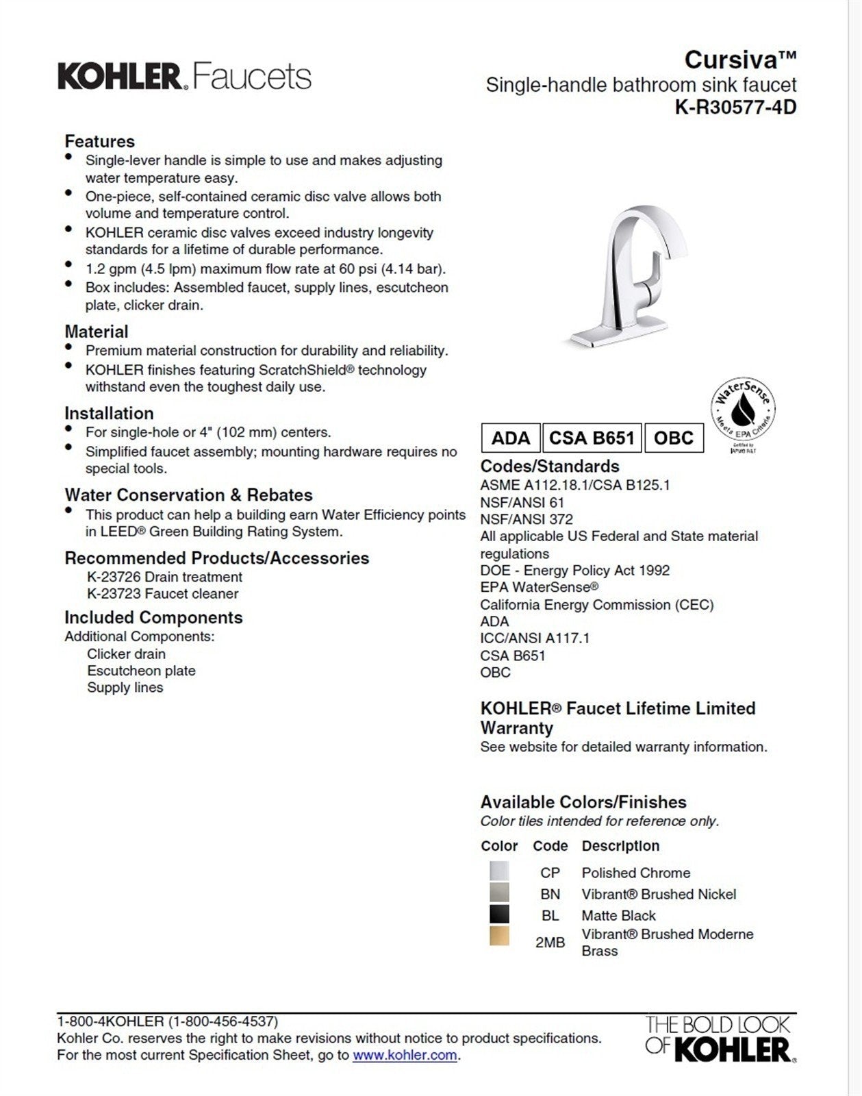 Kohler Cursiva 1 Hole Bathroom Faucet Brushed Nickel K-R30577-4D-BN ✅