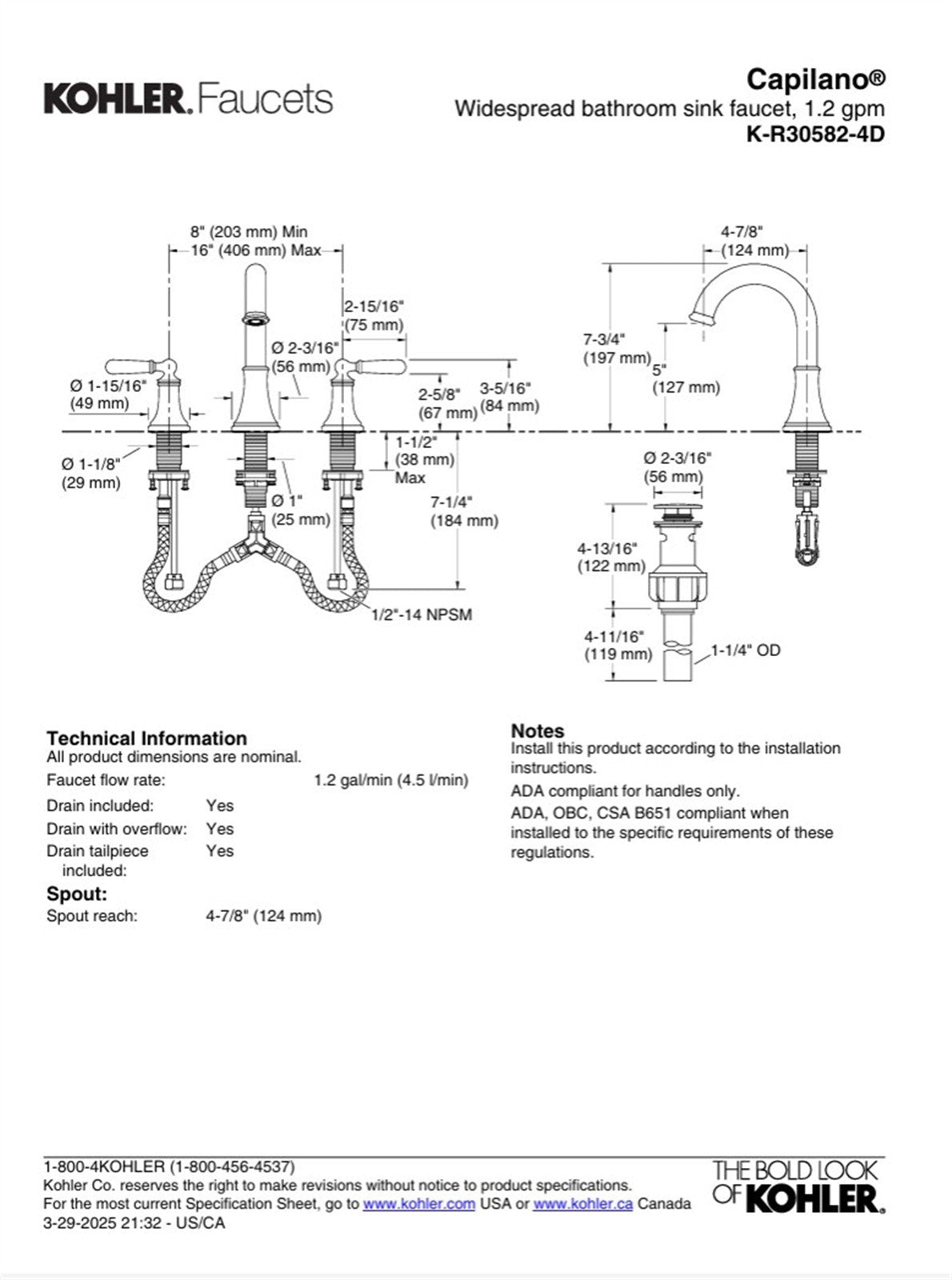 Kohler Capilano 8 in. Widespread Bathroom Faucet Polished Chrome K-R30582-4D-CP