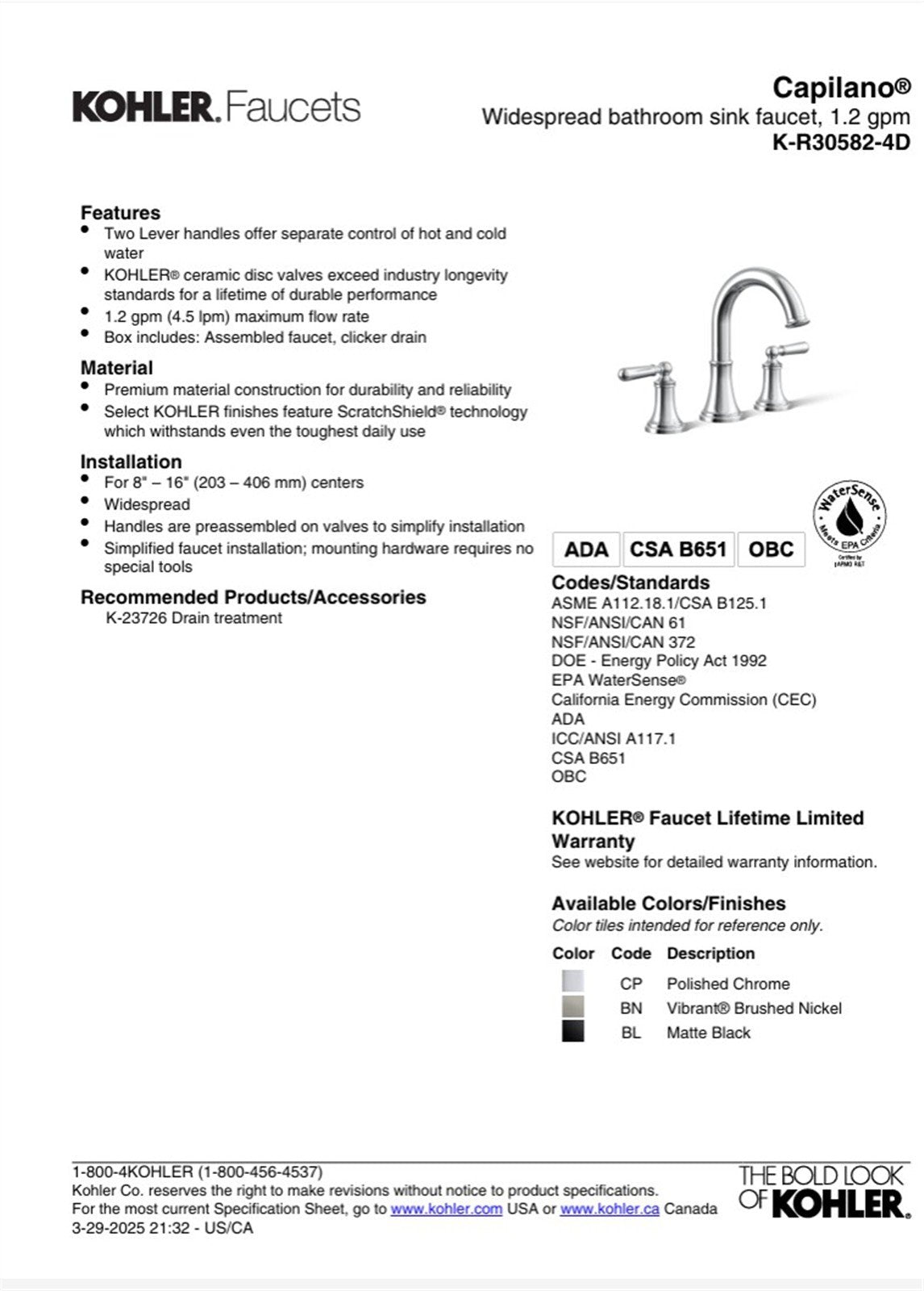Kohler Capilano 8 in. Widespread Bathroom Faucet Polished Chrome K-R30582-4D-CP
