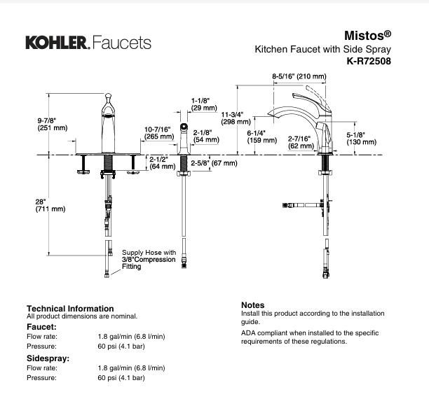 Kohler Mistos Wide-Spread Standard Kitchen Faucet in Polished Chrome K-R72508-CP