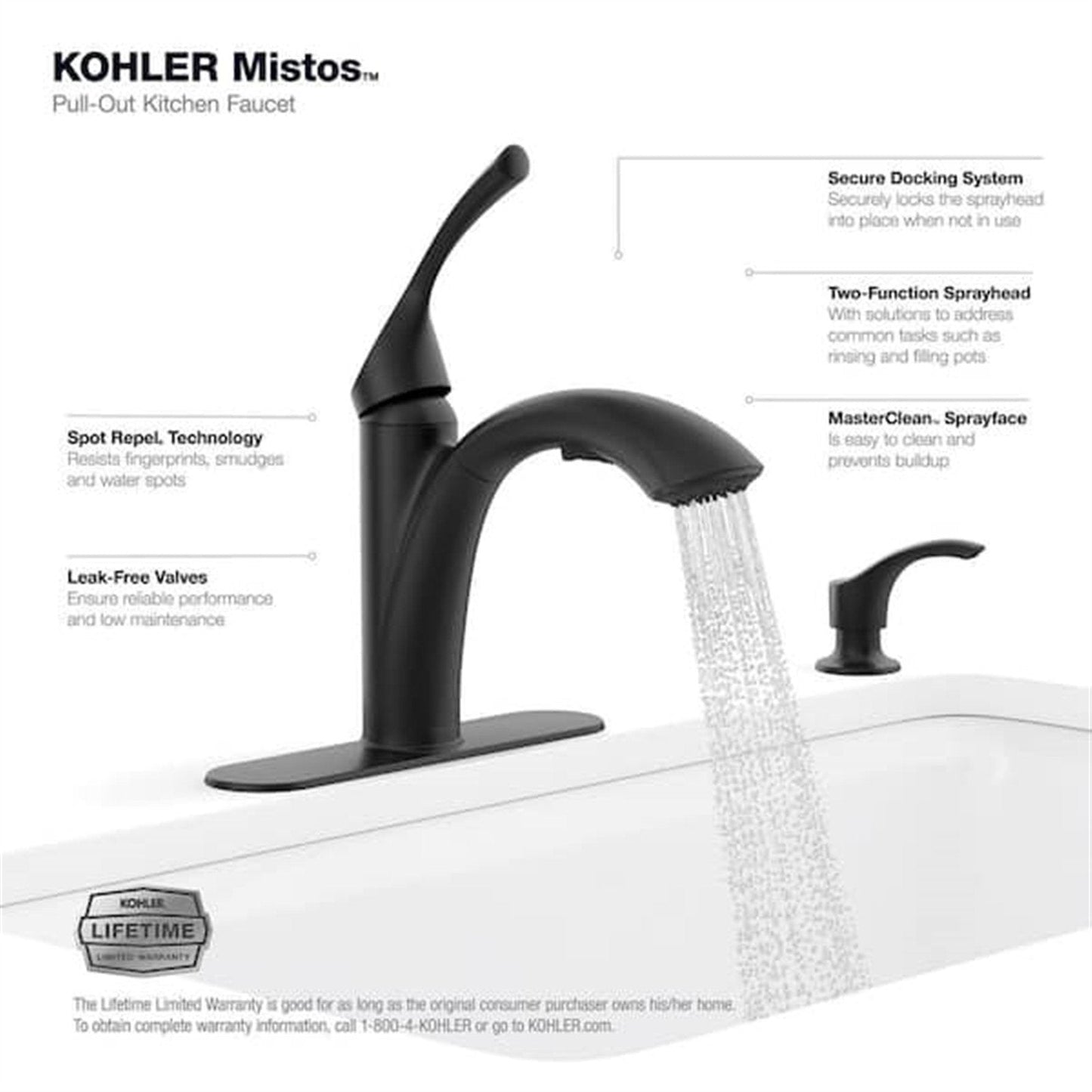 Kohler Mistos 1 Hole Pull Down Kitchen Faucet in Matte Black K-R72510-SD-BL