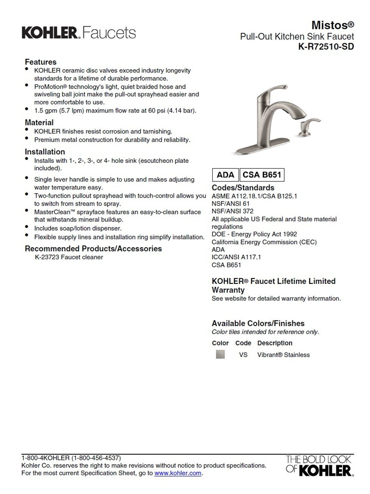 Kohler Mistos 1 Hole Pull Down Kitchen Faucet in Matte Black K-R72510-SD-BL