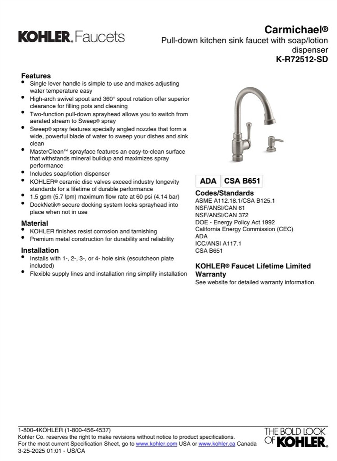 Kohler Carmichael Kitchen Sink Faucet Vibrant Stainless K-R72512-SD-VS