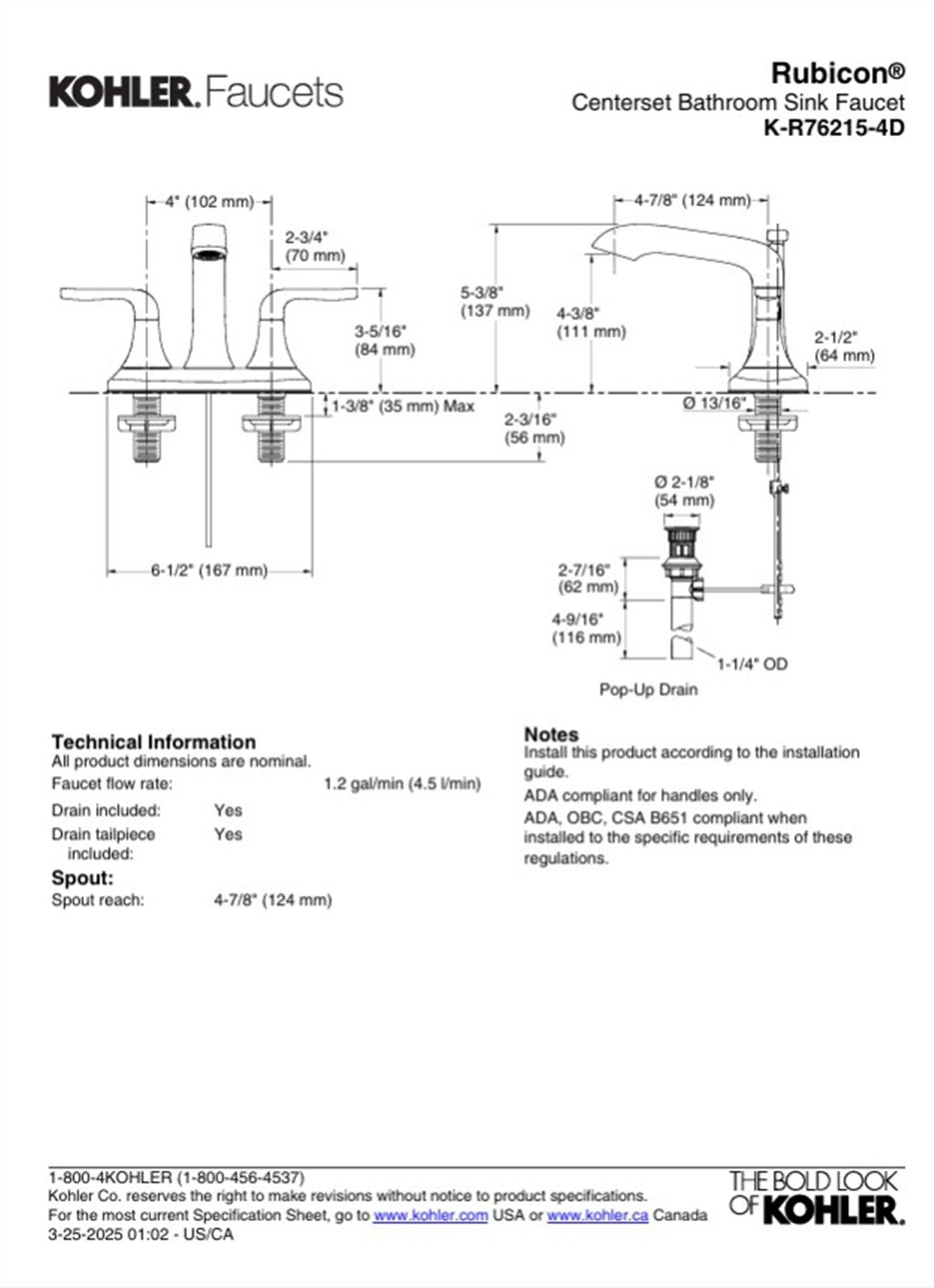 Kohler Rubicon 4 in. Centerset Bathroom Faucet Matte Black K-R76215-4D-BL