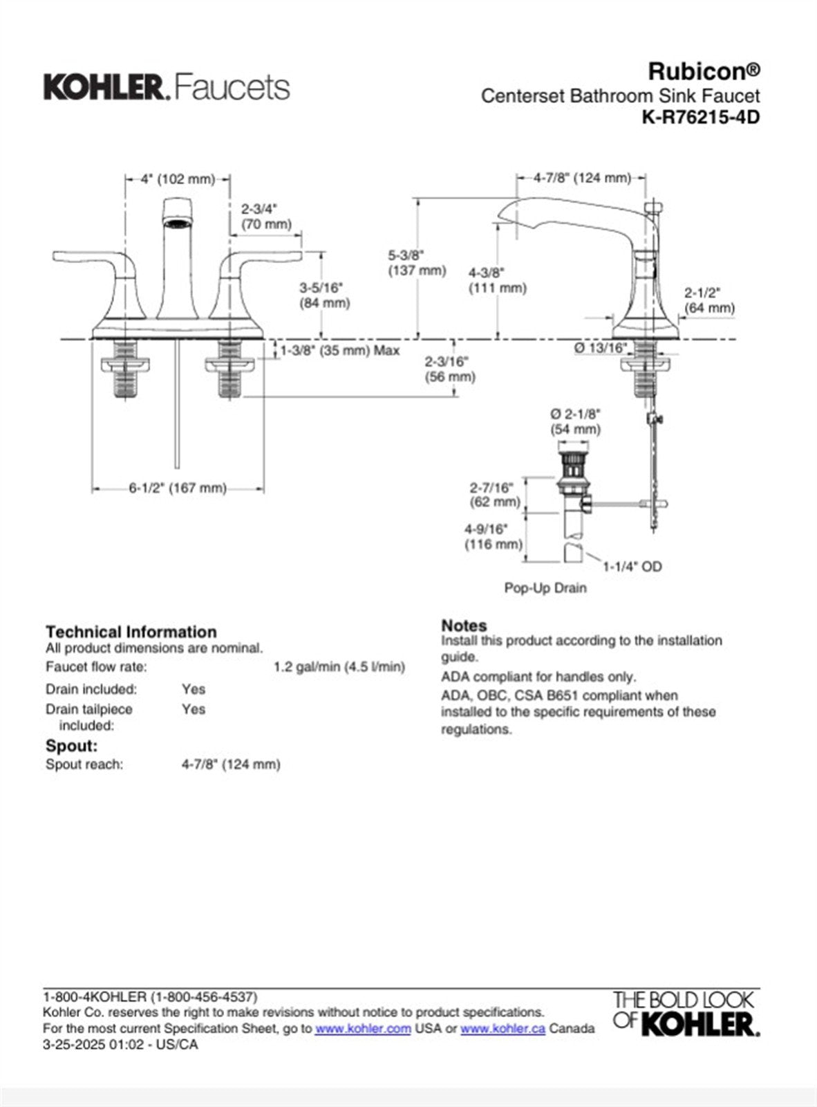 Kohler Rubicon 4 in. Centerset Bathroom Faucet Vibrant Brushed Nickel K-R76215-4D-BN