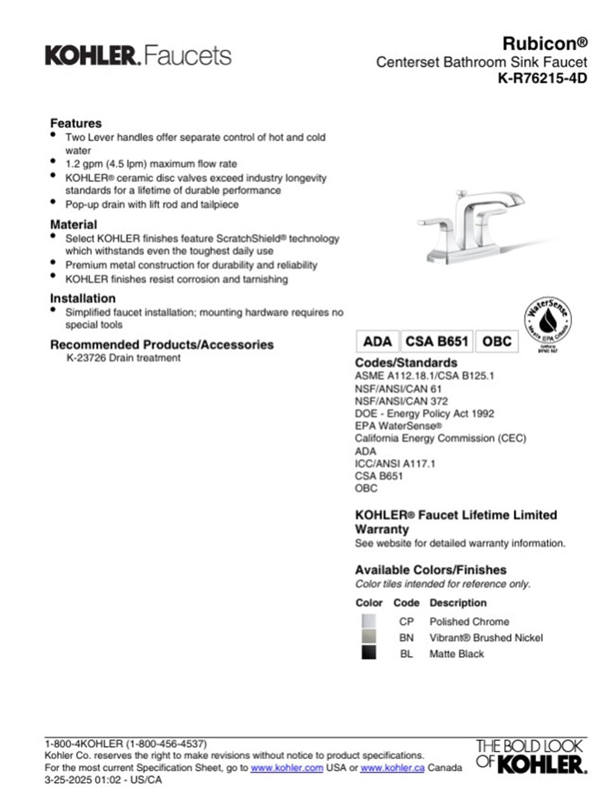 Kohler Rubicon 4 in. Centerset Bathroom Faucet Vibrant Brushed Nickel K-R76215-4D-BN