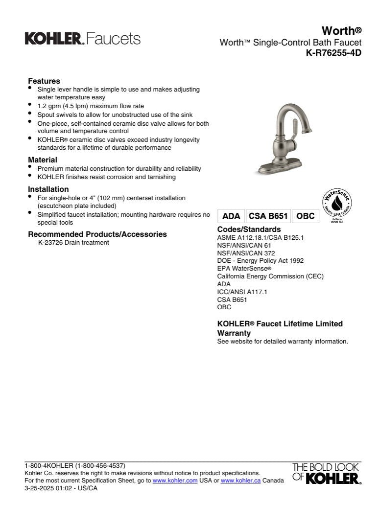 Kohler Worth Single Handle Bathroom Faucet in Brushed Nickel R76255-4D-BN ✅