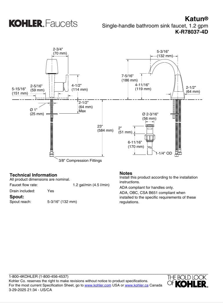 Katun Single-handle bathroom sink faucet K-R78037-4D-BN