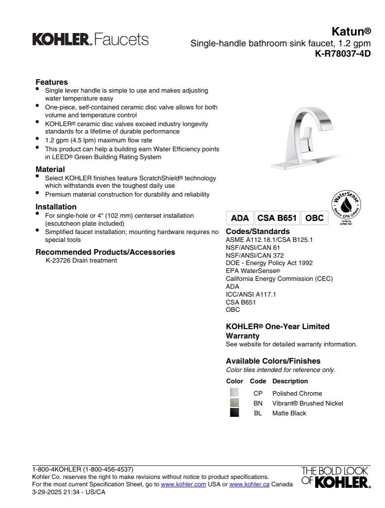 Katun Single-handle bathroom sink faucet K-R78037-4D-BN
