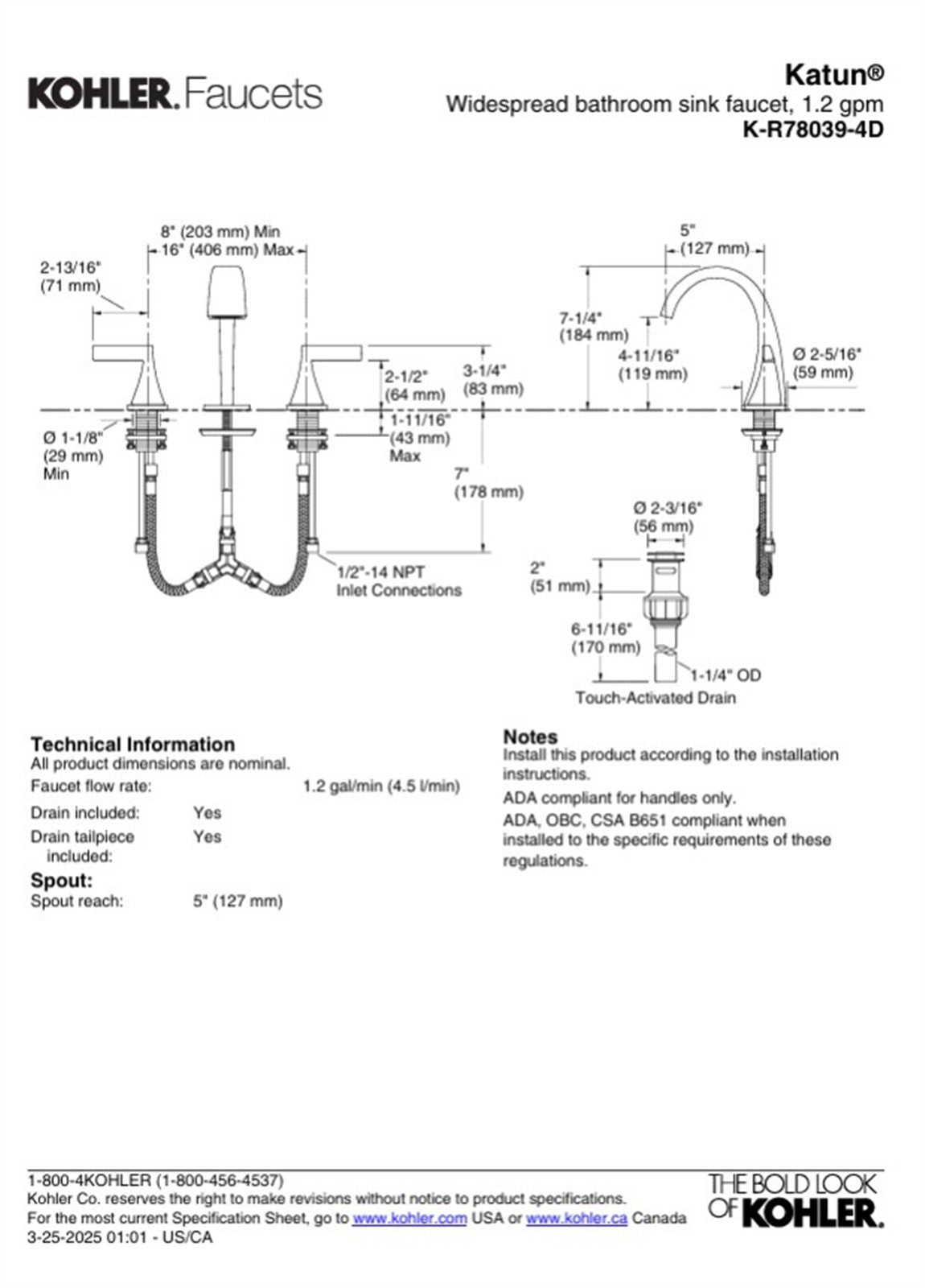 Kohler Katun 8 in. Widespread Bathroom Faucet Vibrant Brushed Nickel K-R78039-4D-BN