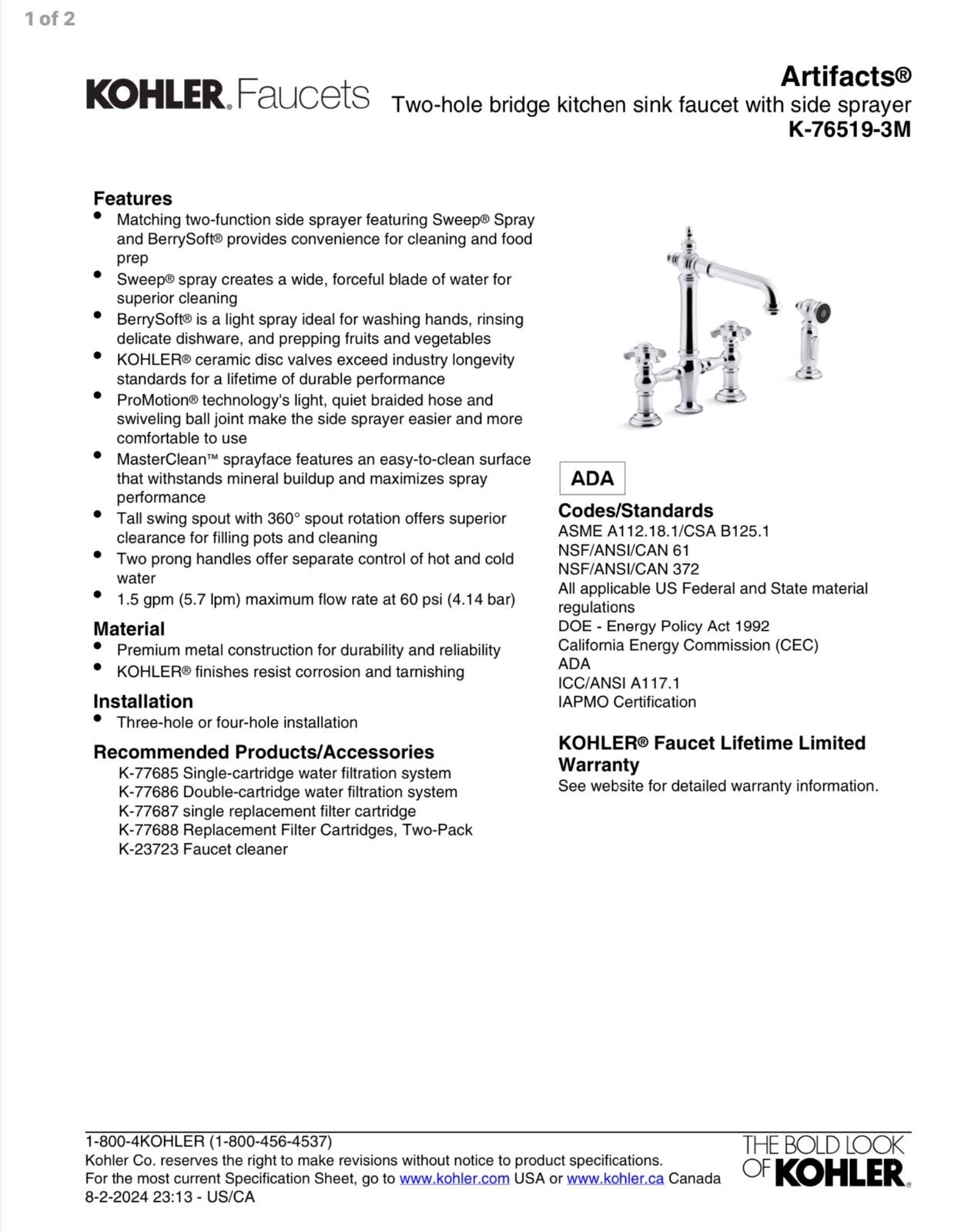 Artifacts Two-hole bridge kitchen sink faucet with side sprayer K-76519-3M-SN