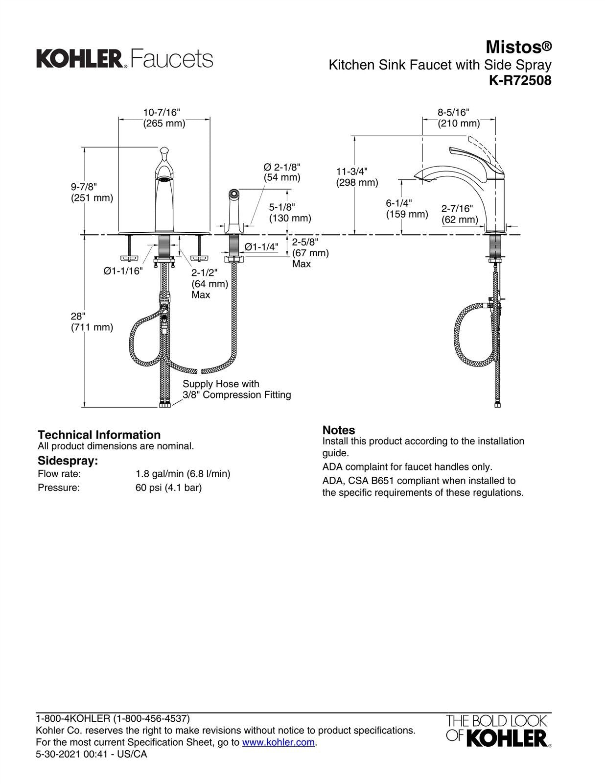 Kohler Mistos Kitchen Faucet with Side Spray in Vibrant Stainless K-R72508-VS