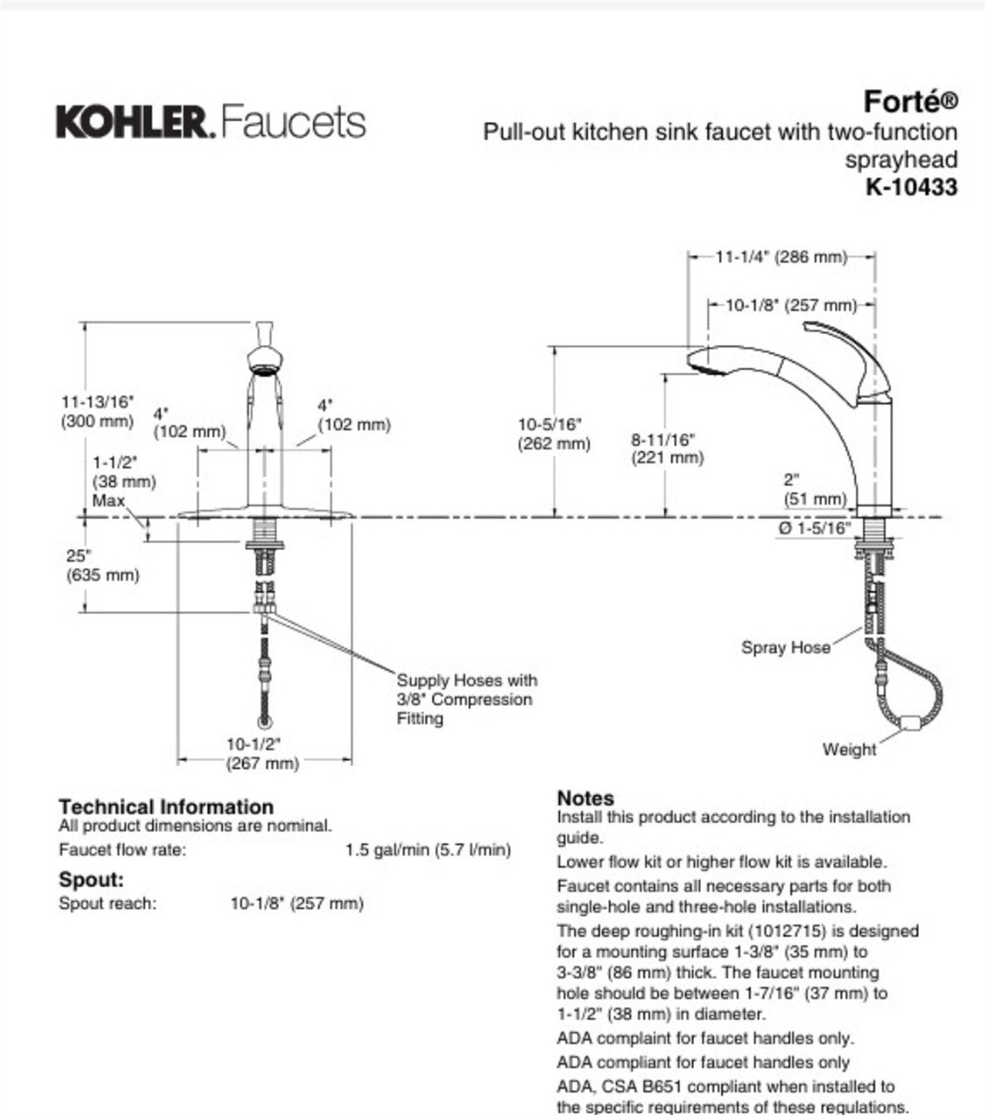 Kohler Forté Single Handle Pull-Out Kitchen Faucet Brushed Nickel K-10433-BN