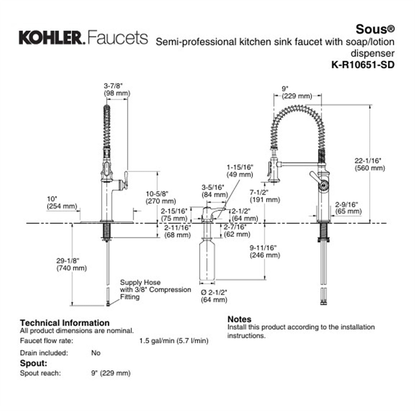 Kohler Sous Pro Style Pull Down Kitchen Vibrant Stainless K-R10651-SD-VS