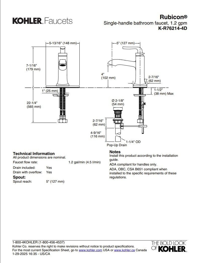 Rubicon Single-handle bathroom faucet, 1.2 gpm K-R76214-4D-CP