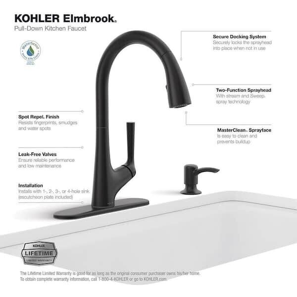 Kohler Elmbrook 1 Hole Pull Down Kitchen Faucet in Matte Black K-R22968-SD-BL