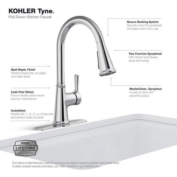 Kohler Tyne 1 Hole Pull Down Kitchen Faucet in Polished Chrome K-R21415-CP