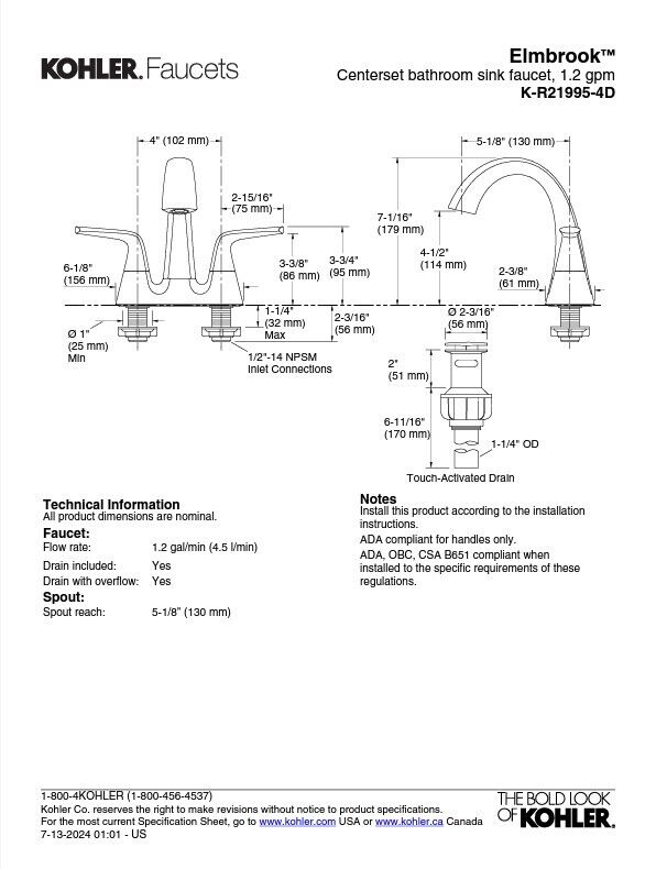 Kohler Elmbrook 4 in. Centerset 2-Handle Chrome Bathroom Faucet  R21995-4D-CP