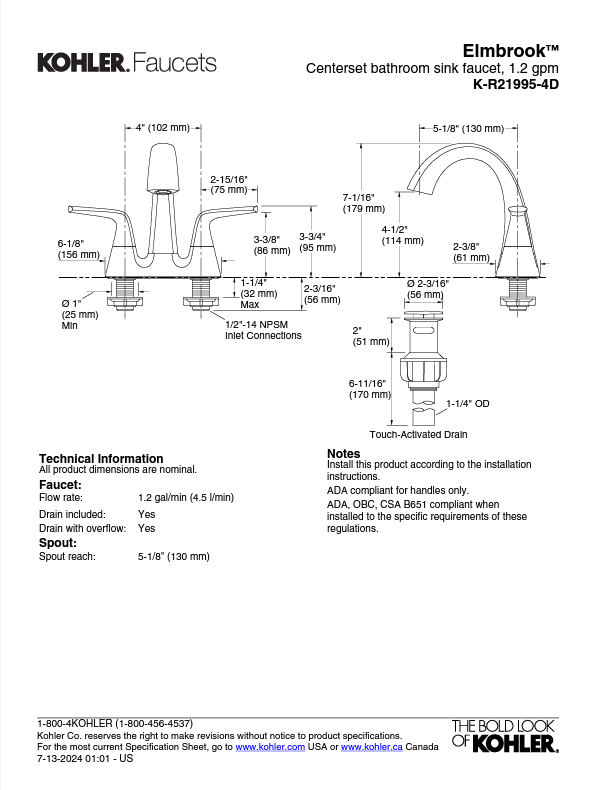 Kohler Elmbrook 4 in. Centerset 2-Handle Chrome Bathroom Faucet R21995-4D-CP