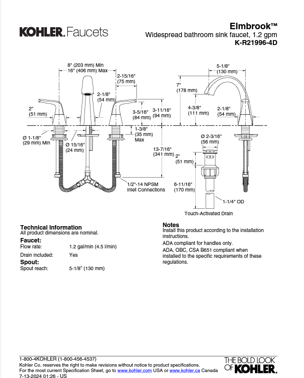 Elmbrook Widespread bathroom sink faucet, 1.2 gpm K-R21996-4D-CP