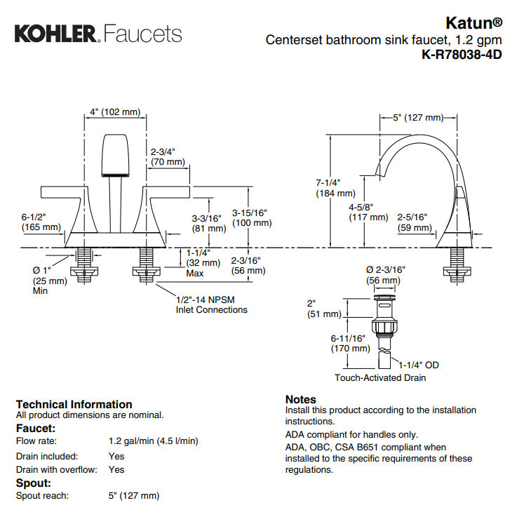 ❤️ Kohler Katun Centerset bathroom sink faucet, 1.2 gpm R78038-4D-BN