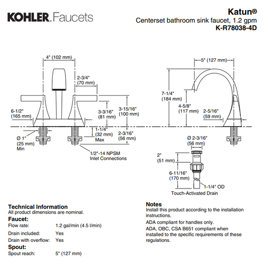 Katun Centerset bathroom sink faucet, 1.2 gpm R78038-4D-BN