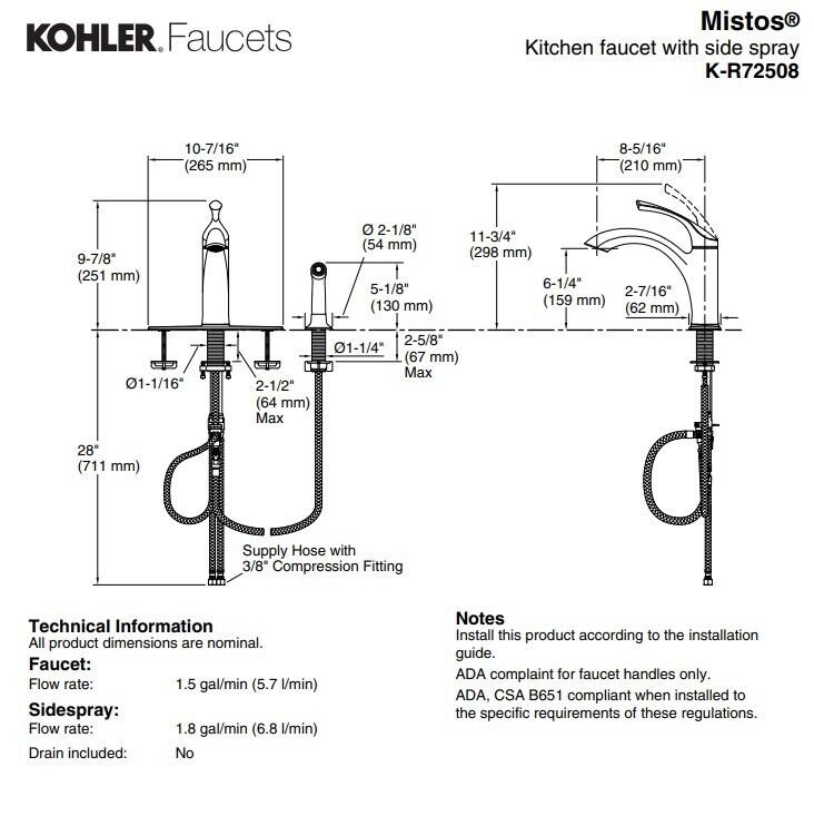 Kohler Mistos Kitchen Faucet 10" swing side spray Vibrant Stainless R72508-VS