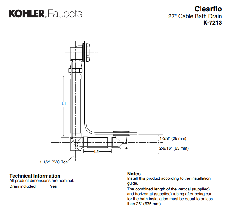 Kohler Clearflo Cable Bath Drain - Polished Chrome (7213-CP)