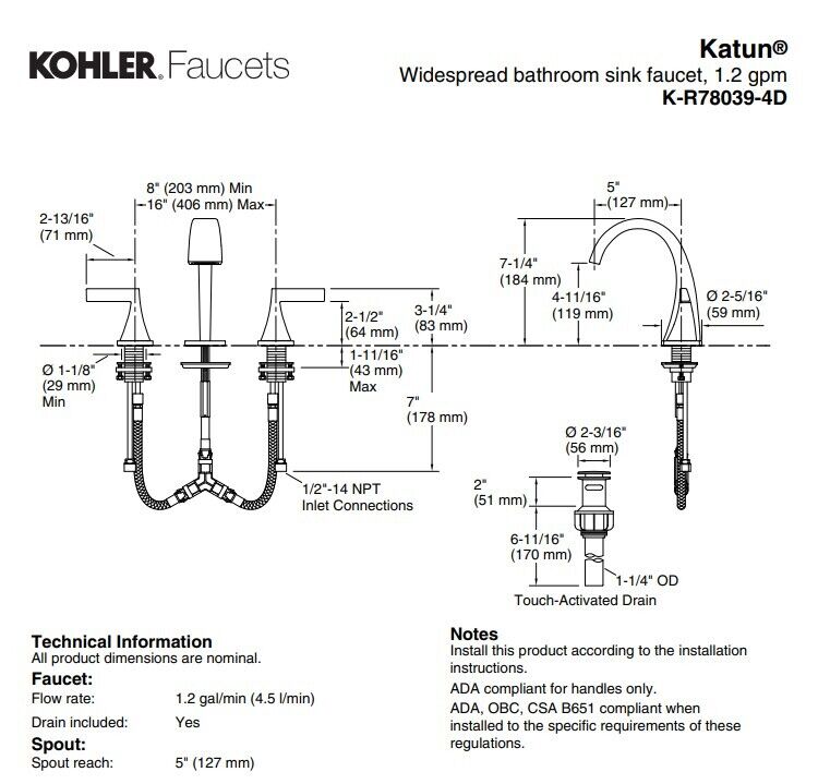 Kohler Katun Widespread Bathroom Sink Faucet R78039-4D-BN Brushed Nickel