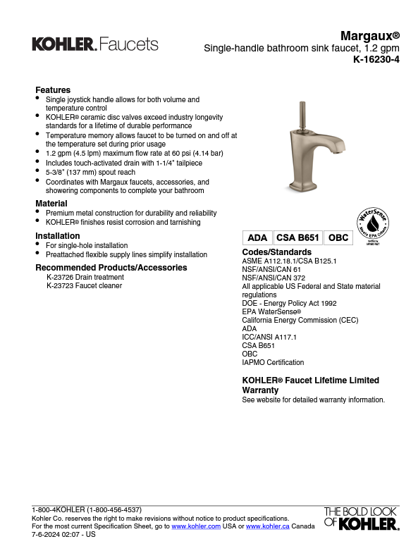 Margaux Single-handle bathroom sink faucet, 1.2 gpm K-16230-4-CP