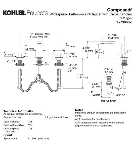 KOHLER Composed Widespread Bathroom Sink Faucet Cross Handles K-73060-3-CP