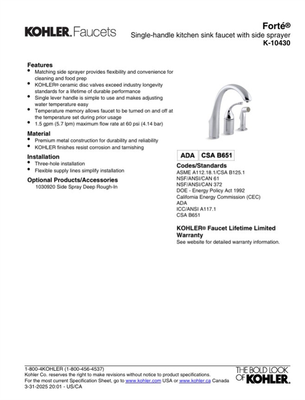 Kohler Forte Remote Valve Kitchen Faucet Lever Handle Brushed Nickel K-10430-BN