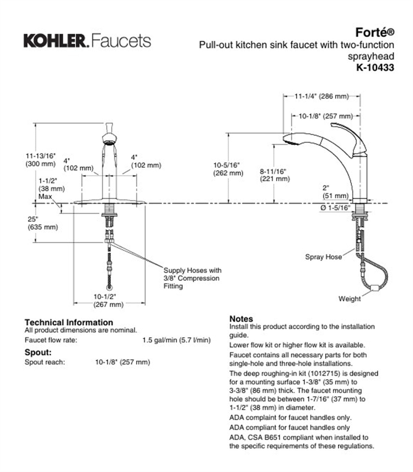 Kohler Forté Single Handle Pull-Out Sprayer Kitchen Faucet - Polished Chrome (K-10433-CP)