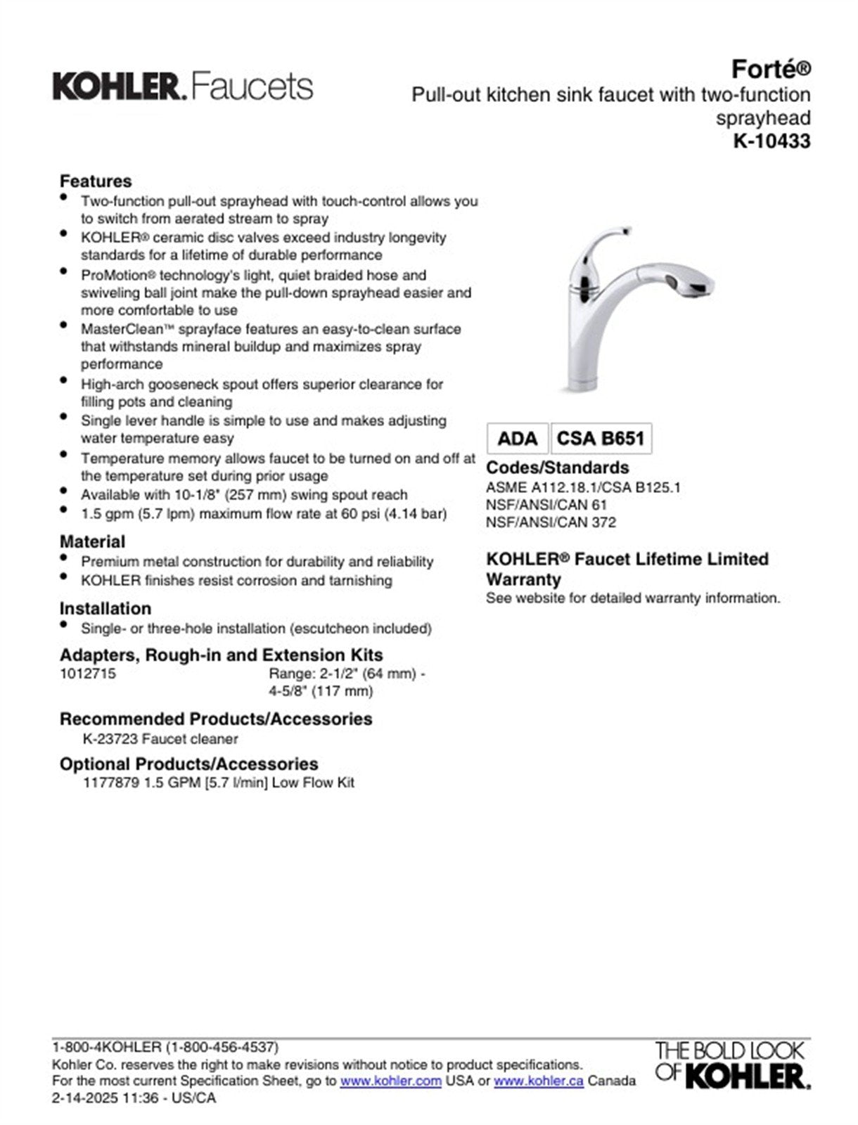 Kohler Forté Single Handle Pull-Out Sprayer Kitchen Faucet - Polished Chrome (K-10433-CP)