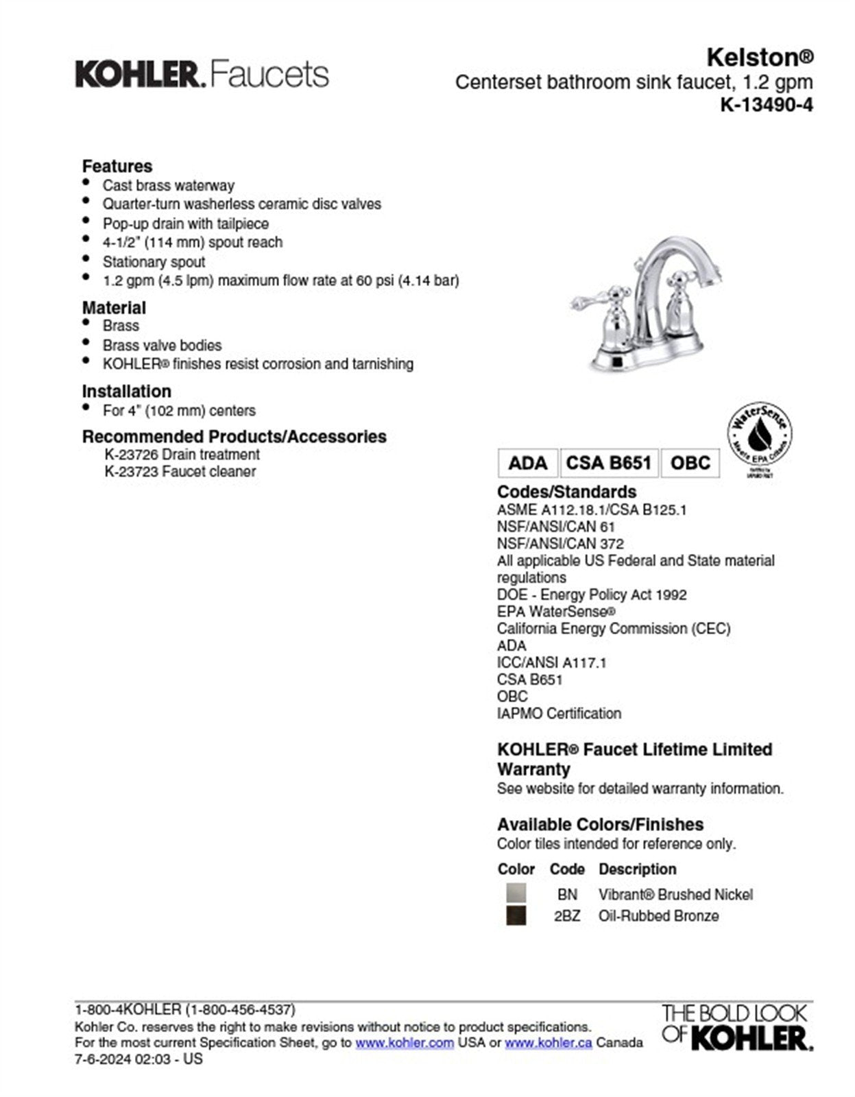 Kelston Centerset bathroom sink faucet, 1.2 gpm K-13490-4-CP