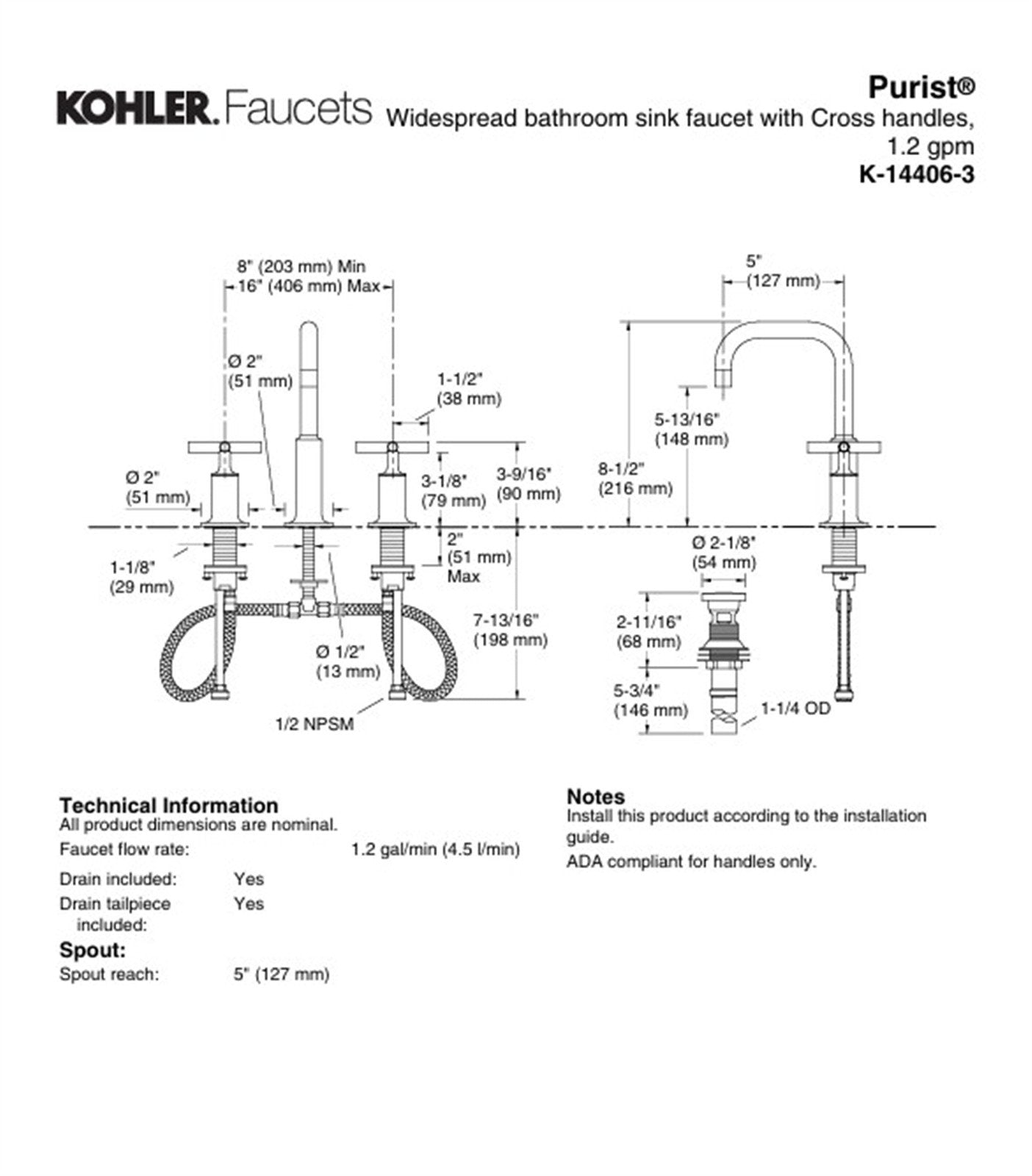 Kohler Purist Widespread bathroom faucet Cross hande Brushed Nickel K-14406-3-BN