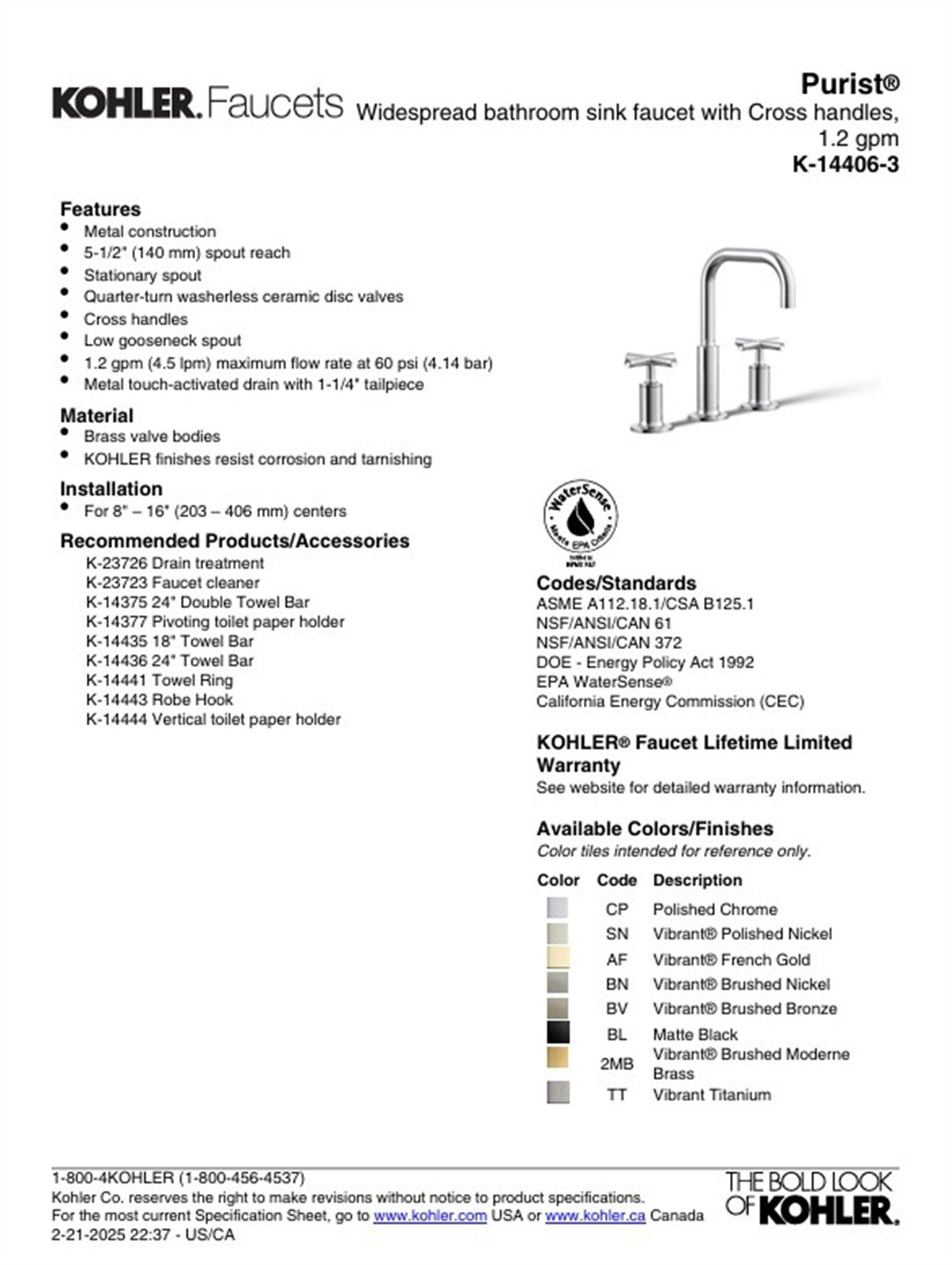 Kohler Purist Widespread bathroom faucet Cross hande Brushed Nickel K-14406-3-BN