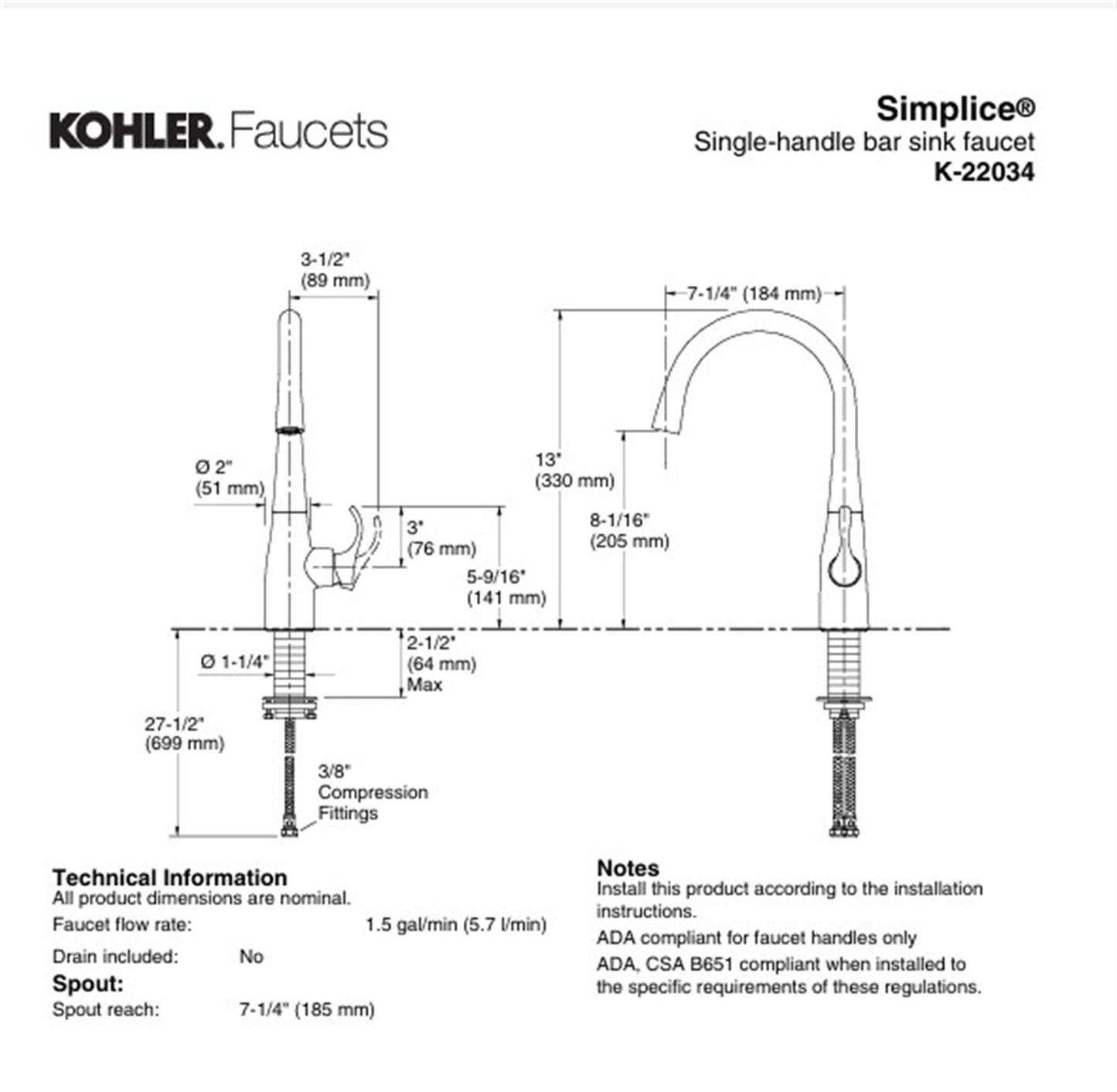 Kohler Simplice Single-Handle Bar Sink Faucet Vibrant Stainless 22034-VS