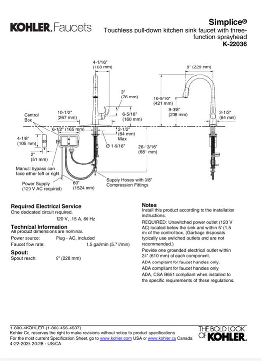 Kohler Simplice 1 Hole Pull Down Kitchen Faucet in Vibrant Stainless K-22036-VS