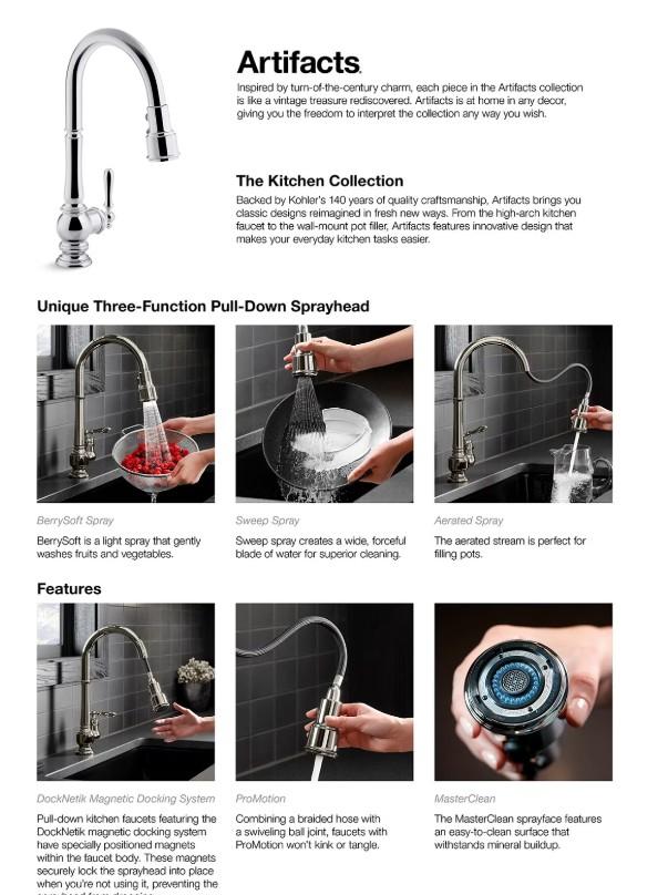 Kohler Artifacts 1 Hole Pull Down Kitchen Faucet in Polished Nickel K-29709-WB-VS