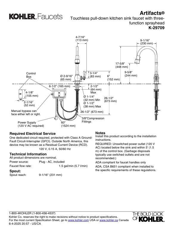 Kohler Artifacts 1 Hole Pull Down Kitchen Faucet in Polished Nickel K-29709-WB-VS