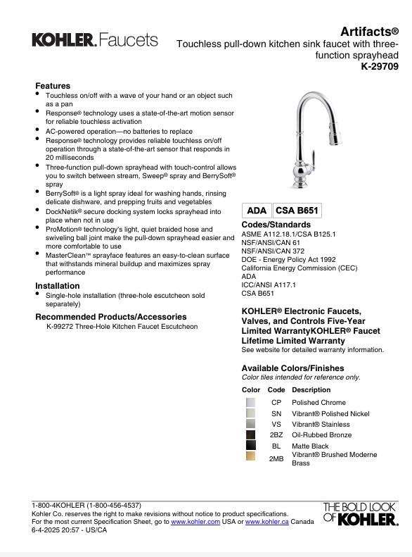 Kohler Artifacts 1 Hole Pull Down Kitchen Faucet in Polished Nickel K-29709-WB-VS