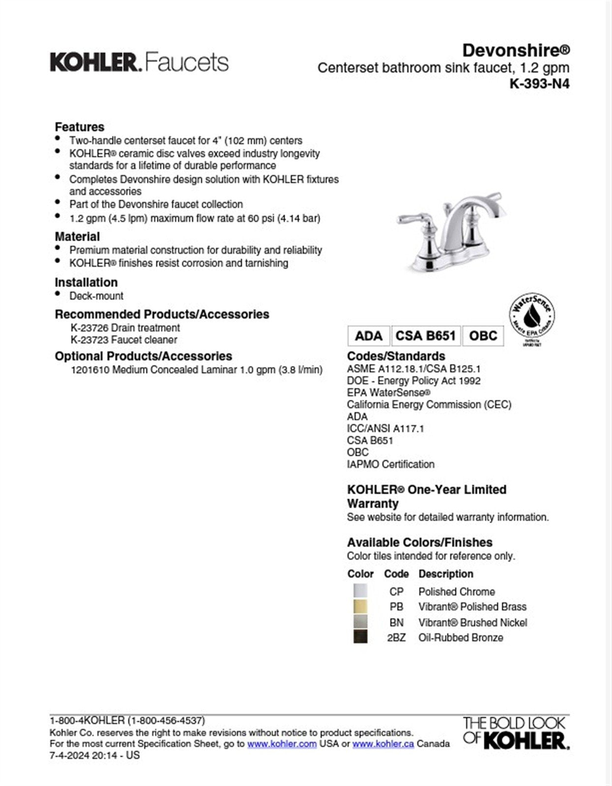 Kohler Devonshire Bathroom faucet, 1.2 gpm Oil-Rubbed Bronze K-393-N4-2BZ