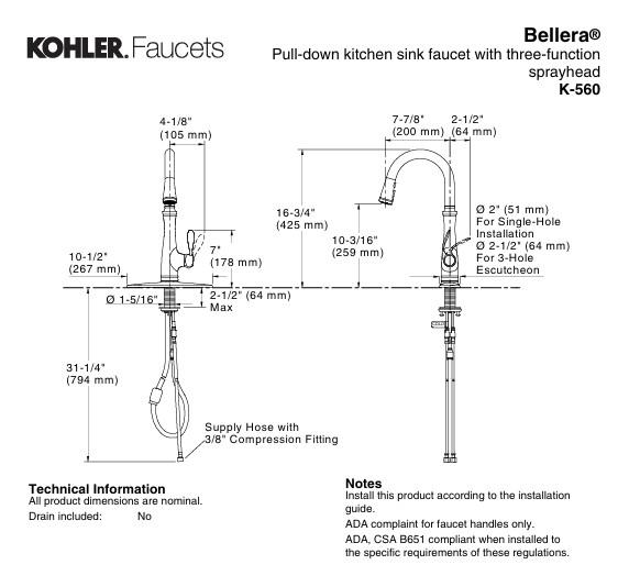 Kohler Bellera Pull Down One Handle Centerset Kitchen Faucet - 560 Chrome