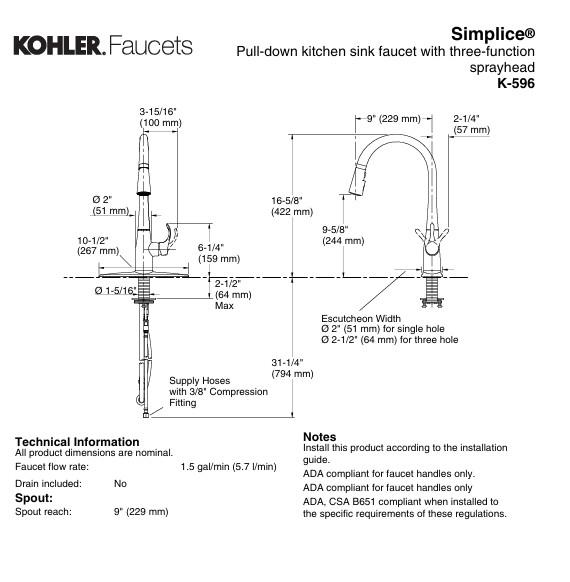 Kohler Simplice K-596-BL 1.5 GPM Pull Down Kitchen Faucet Matte Black Unused