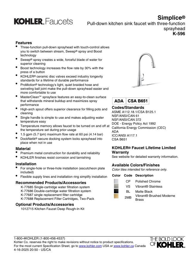 Kohler Simplice Single Hole Pull Down Kitchen Faucet K596-VS Vibrant Stainless