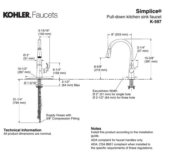 Kohler Simplice 1 Hole Pull Down Kitchen Faucet in Vibrant Stainless K-597-VS